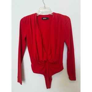 REVOLVE Nookie Red Bodysuit Deep V-Neck Long Sleeve Ruched Top Bodysuit Size M